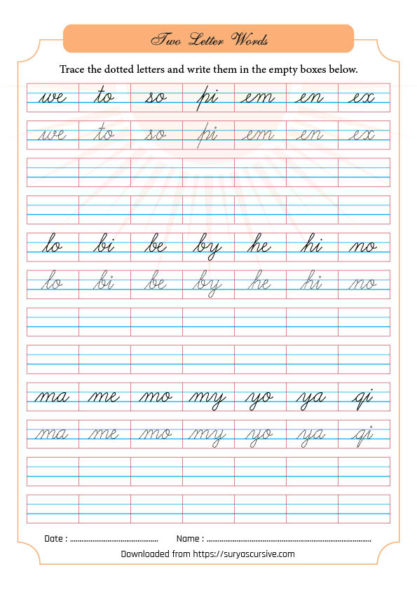 Two Letter Words in Cursive | SuryasCursive.com