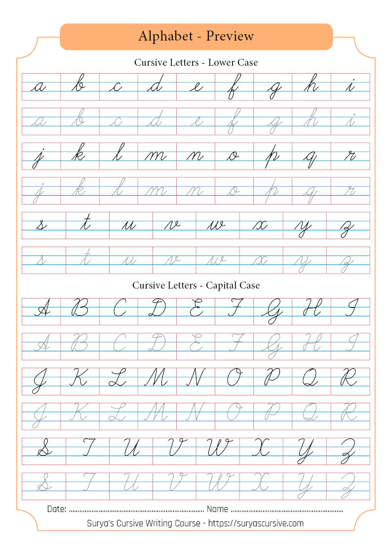 Alphabet in Cursive Writing   SuryasCursive.com