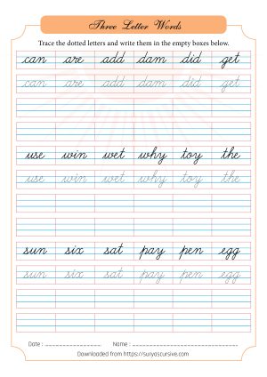 Three letter words in Cursive - SuryasCursive.com