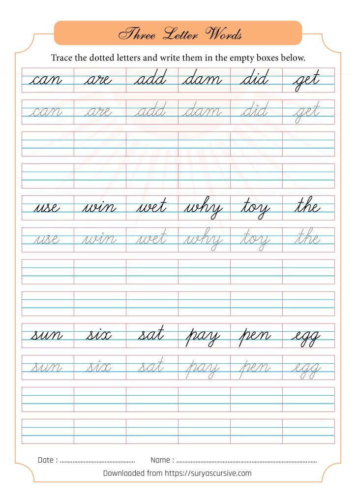 Three letter words in Cursive - SuryasCursive.com