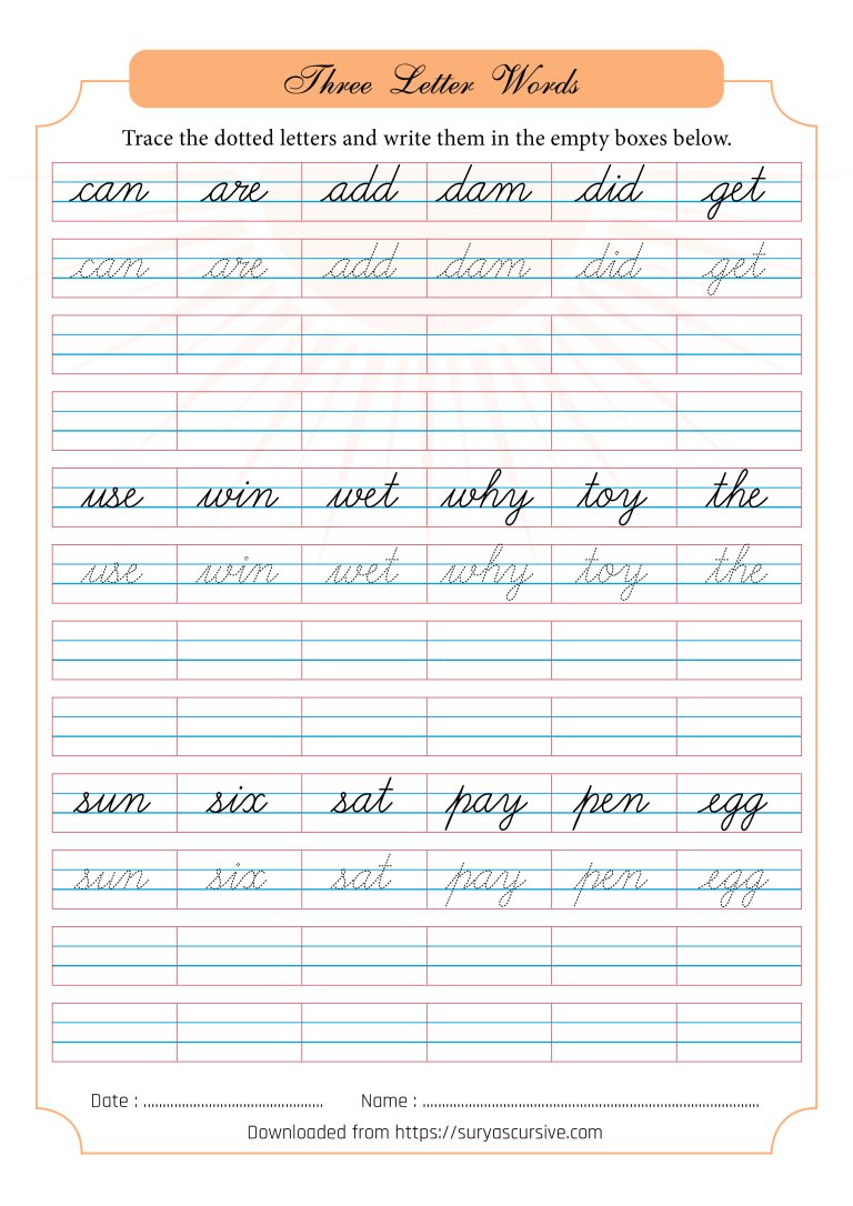 Three letter words in Cursive - SuryasCursive.com