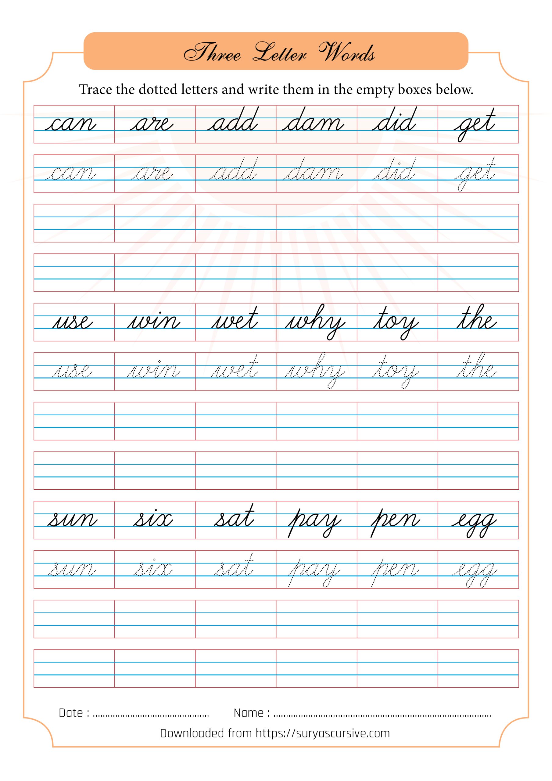 Three letter words in Cursive - SuryasCursive.com