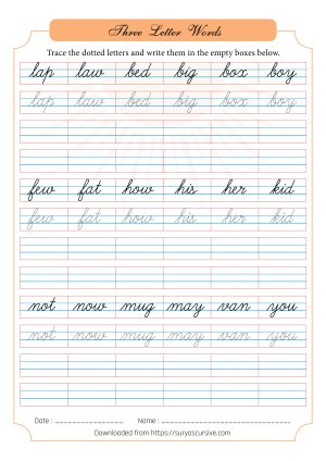 Three letter words in Cursive - SuryasCursive.com