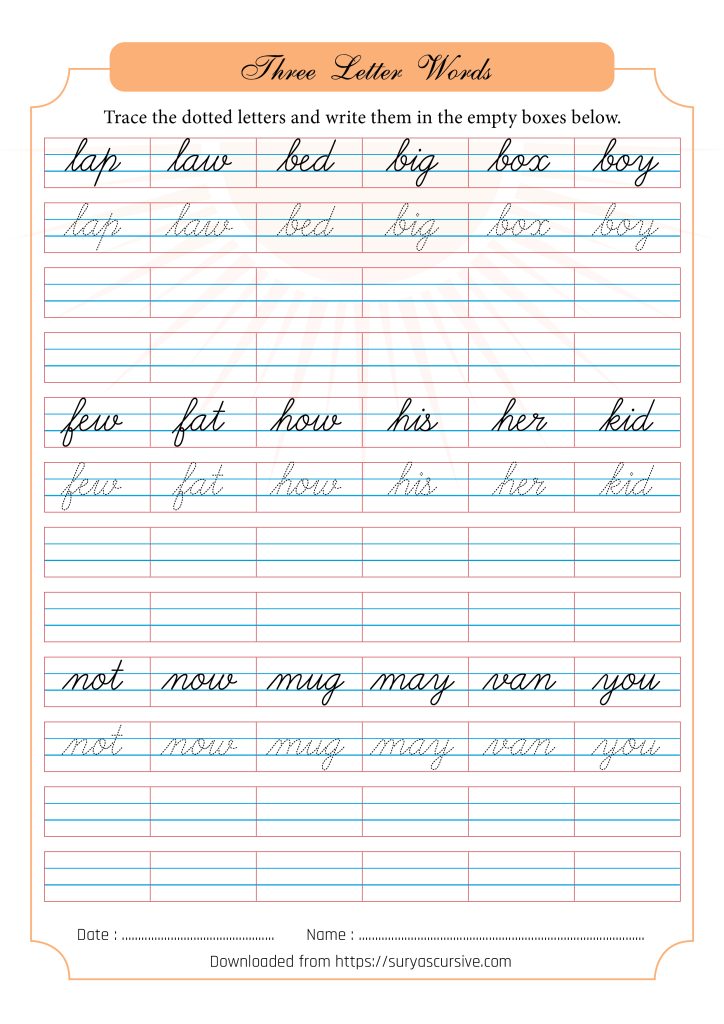 Three letter words in Cursive - SuryasCursive.com