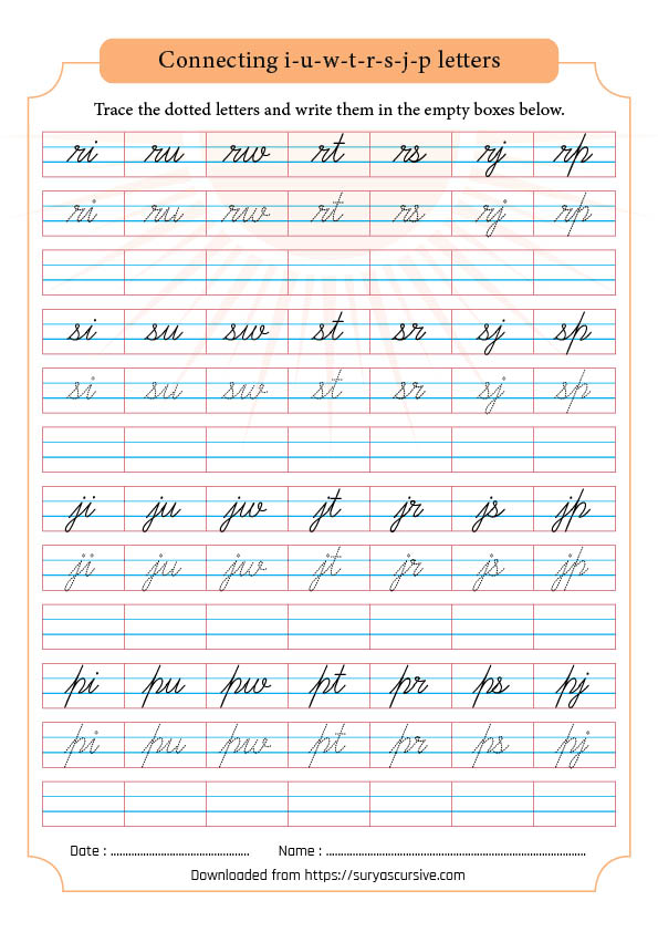 Practice connecting i-u-w-t-r-s-j-p letters as 2-letter words