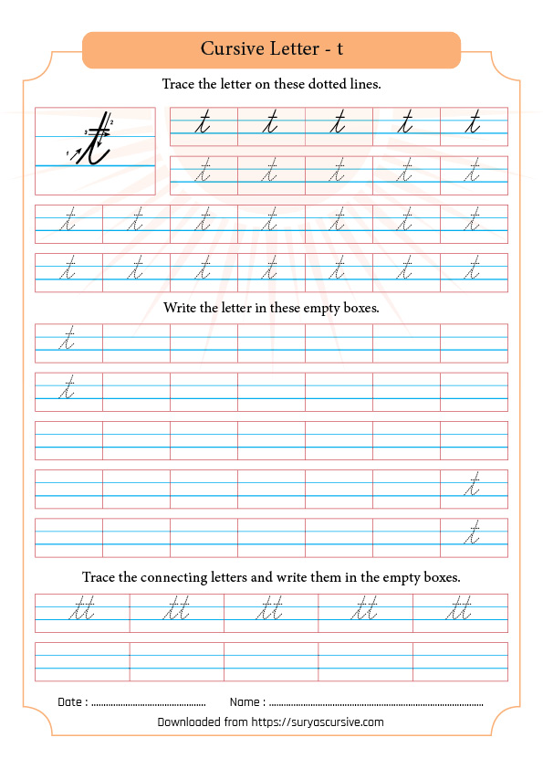 Cursive Letter t in Lowercase | SuryasCursive.com