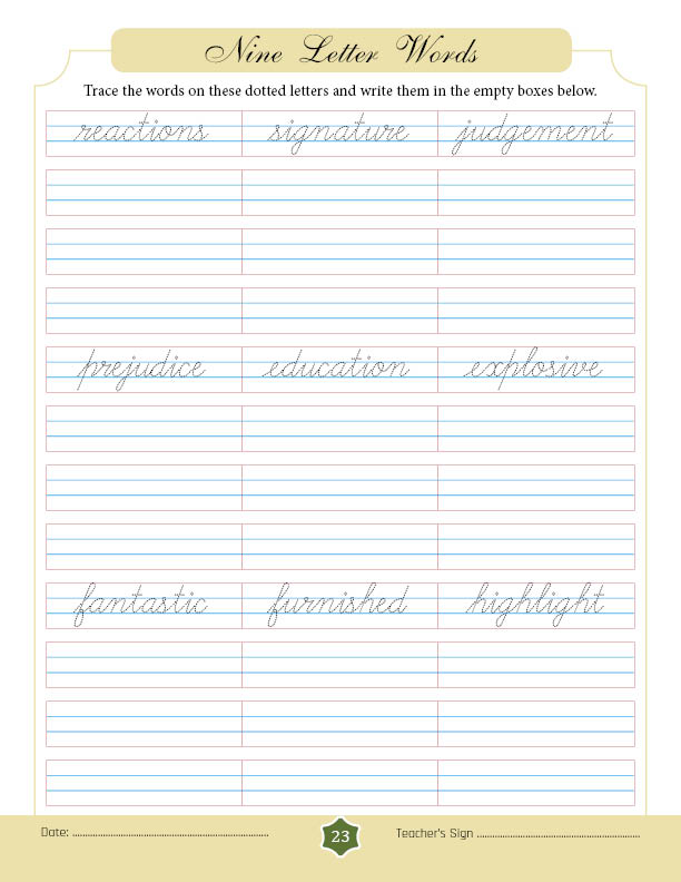 Nine Letter Words in Cursive | SuryasCursive.com