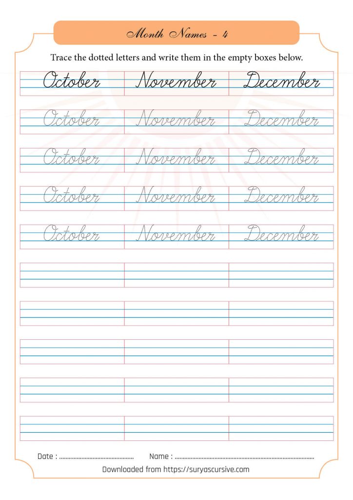 Months of the Year - Cursive Worksheets - SuryasCursive.com