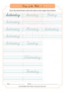 Days of the Week - Cursive Worksheets - SuryasCursive.com