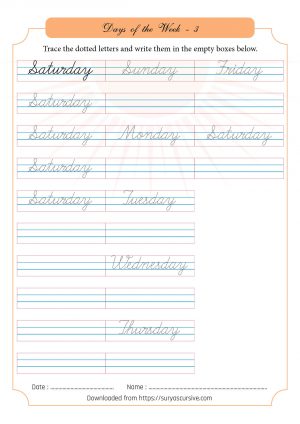 Days of the Week - Cursive Worksheets - SuryasCursive.com