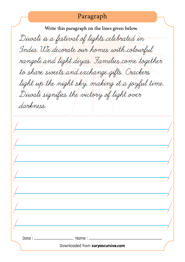 Diwali Passage in Cursive Writing (1-Lined Worksheet PDF ...