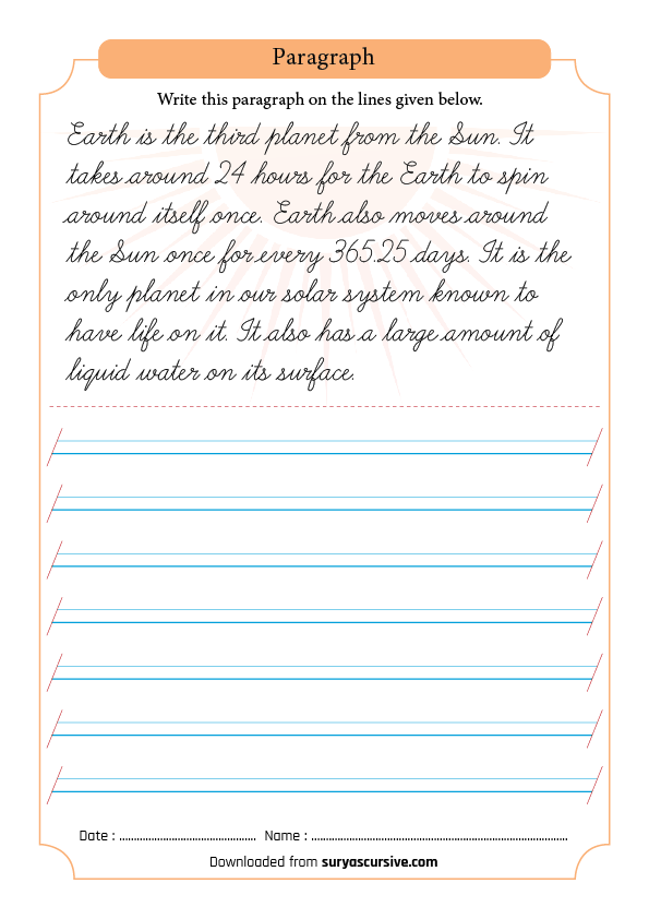 Earth Passage in Cursive Writing (2-Lined Worksheet PDF ...