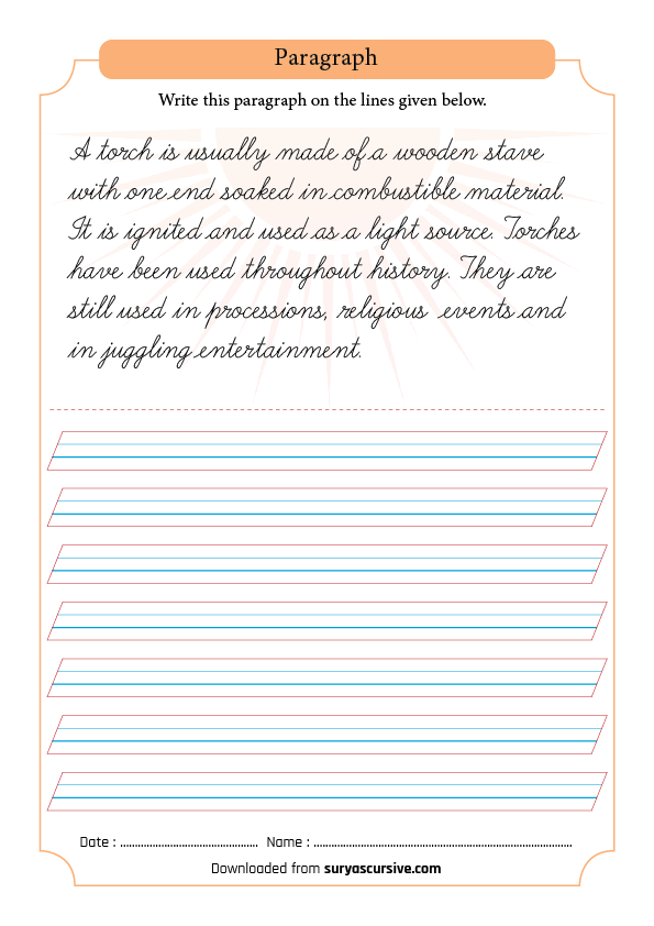 Torch passage in cursive writing 4 lined worksheet pdf