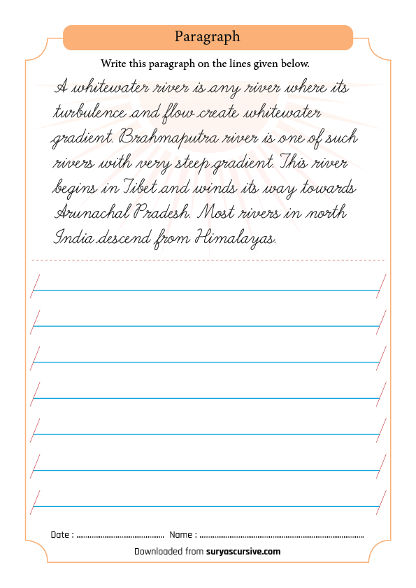 Whitewater River Passage in Cursive Writing (1-Lined Worksheet PDF ...