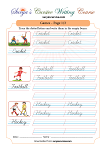 Names of Games in Cursive with Pictures Worksheet - SuryasCursive.com